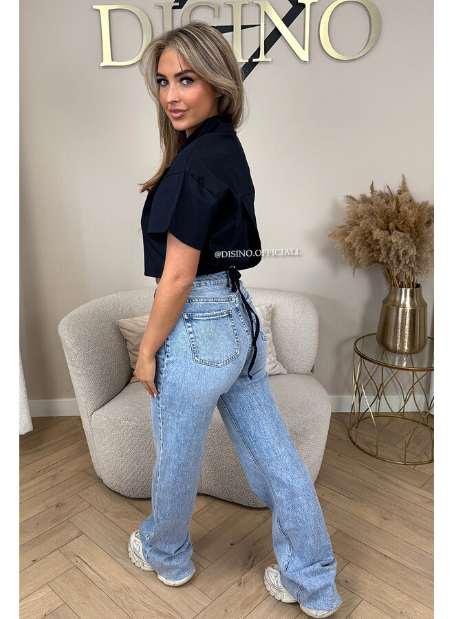 NAVY BLUE - 'CARMEN BLOUSE' - OPEN BACK SHORT SLEEVE SHIRT