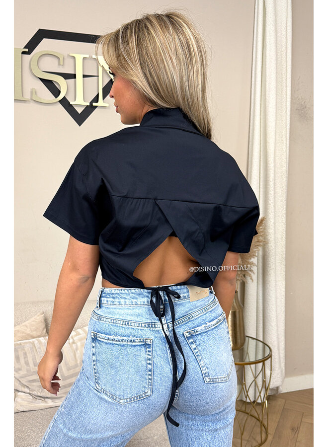 NAVY BLUE - 'CARMEN BLOUSE' - OPEN BACK SHORT SLEEVE SHIRT