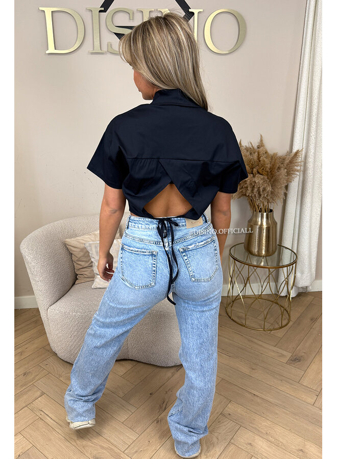 NAVY BLUE - 'CARMEN BLOUSE' - OPEN BACK SHORT SLEEVE SHIRT