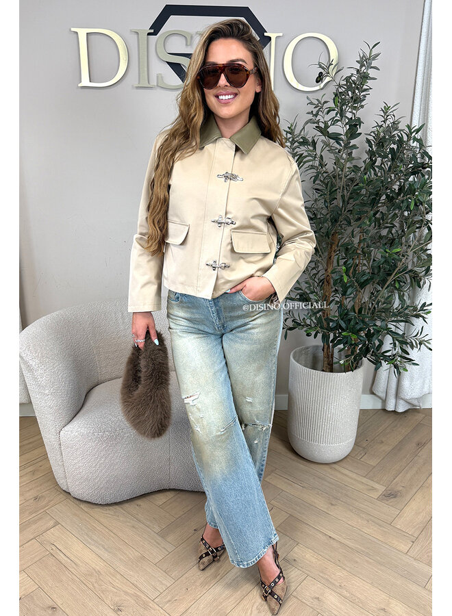 BEIGE - 'MEVINA JACKET' - LEATHER COLLAR JACKET