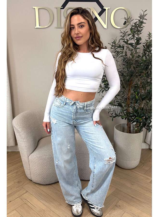 LIGHT BLUE - 'SANTIAGO JEANS' - RIPPED FOLDED WAISTBAND WIDE LEG JEANS