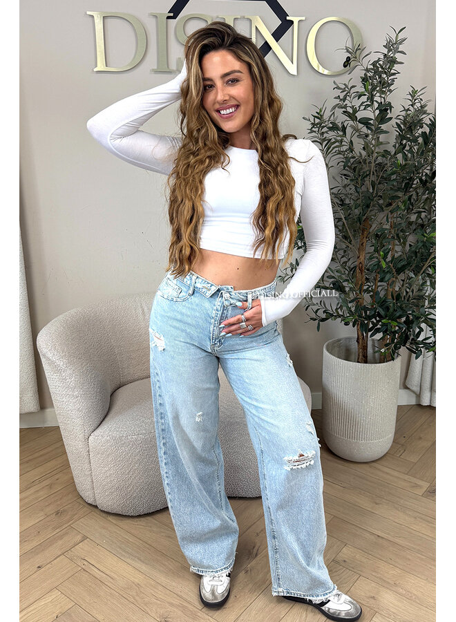 LIGHT BLUE - 'SANTIAGO JEANS' - RIPPED FOLDED WAISTBAND WIDE LEG JEANS