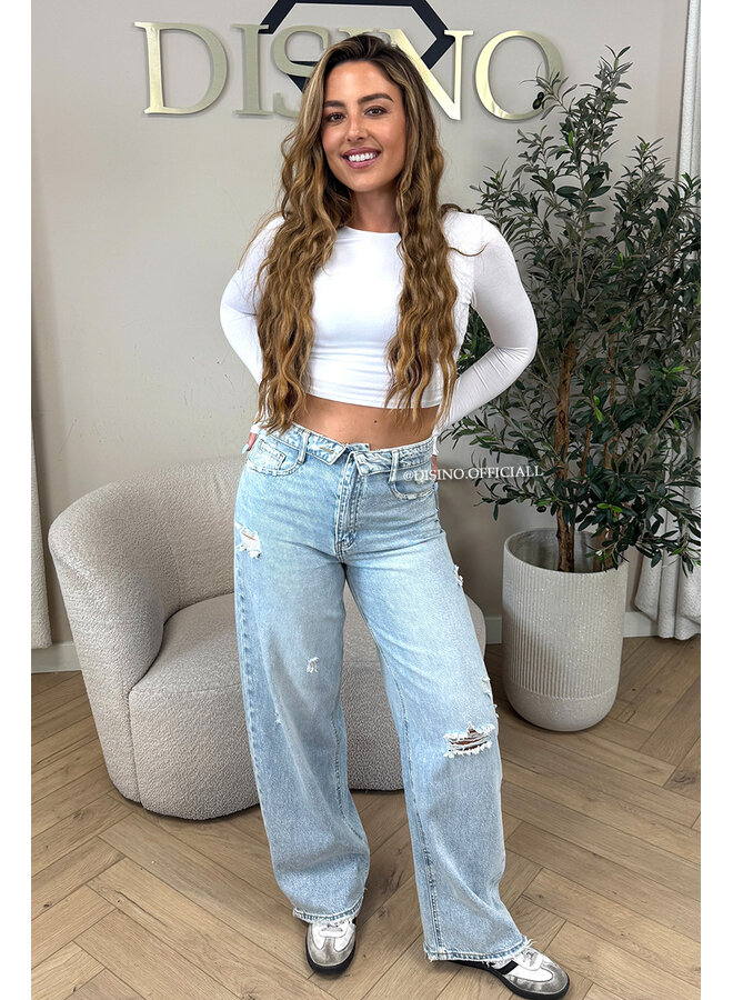 LIGHT BLUE - 'SANTIAGO JEANS' - RIPPED FOLDED WAISTBAND WIDE LEG JEANS