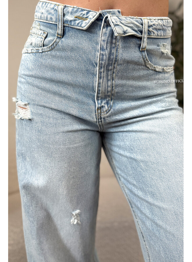LIGHT BLUE - 'SANTIAGO JEANS' - RIPPED FOLDED WAISTBAND WIDE LEG JEANS