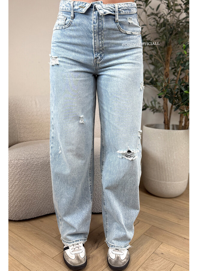 LIGHT BLUE - 'SANTIAGO JEANS' - RIPPED FOLDED WAISTBAND WIDE LEG JEANS