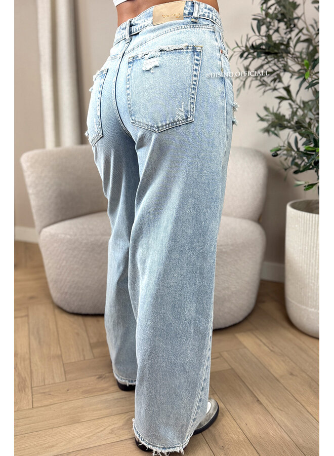 LIGHT BLUE - 'SANTIAGO JEANS' - RIPPED FOLDED WAISTBAND WIDE LEG JEANS