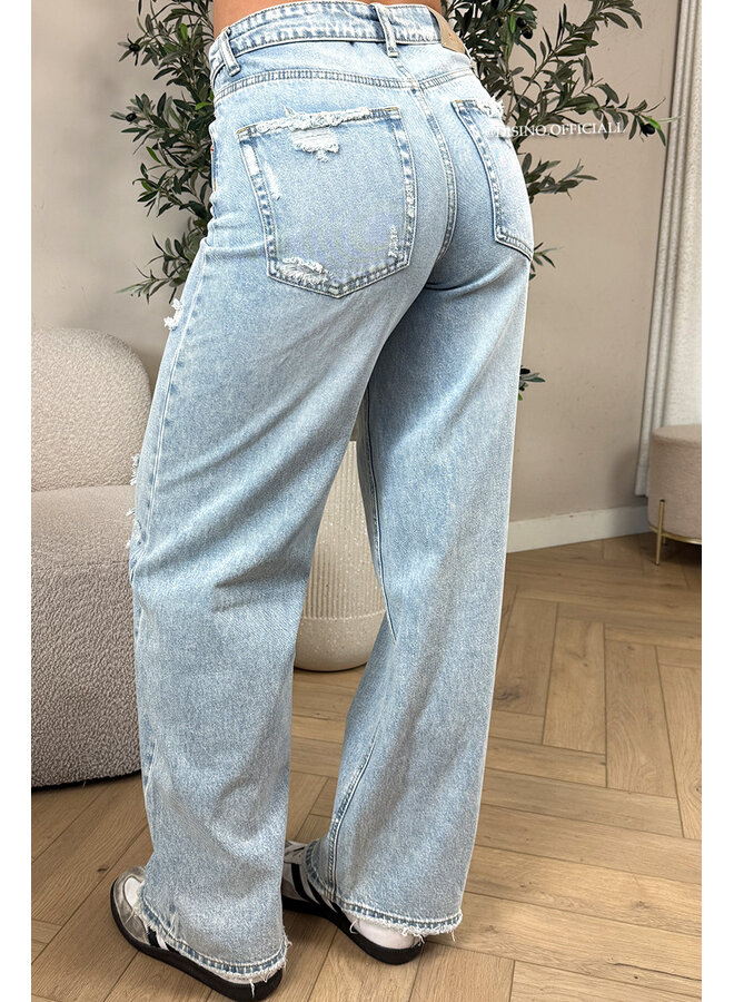 LIGHT BLUE - 'SANTIAGO JEANS' - RIPPED FOLDED WAISTBAND WIDE LEG JEANS