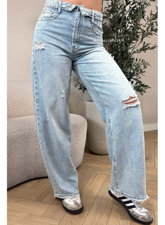 LIGHT BLUE - 'SANTIAGO JEANS' - RIPPED FOLDED WAISTBAND WIDE LEG JEANS