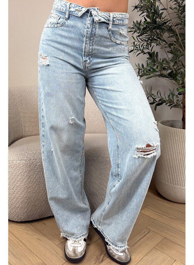 LIGHT BLUE - 'SANTIAGO JEANS' - RIPPED FOLDED WAISTBAND WIDE LEG JEANS