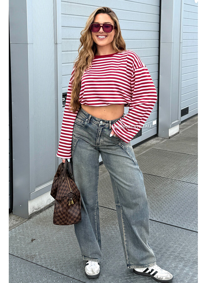 BORDEAUX/PINK - 'LEONI TEE' - STRIPED LONG SLEEVE TEE