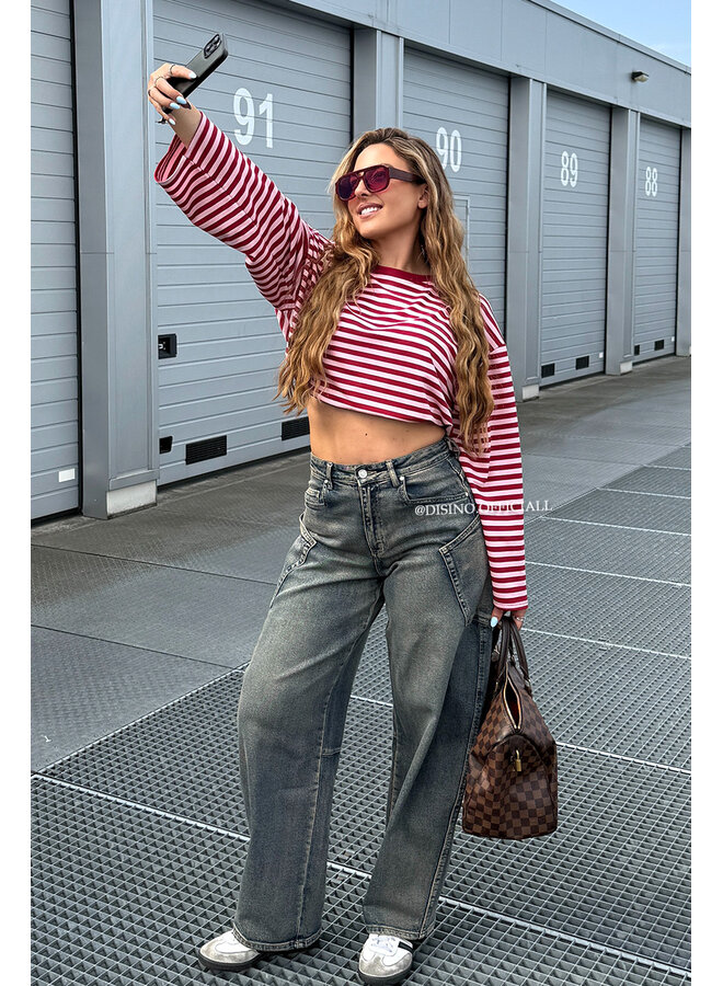 BORDEAUX/PINK - 'LEONI TEE' - STRIPED LONG SLEEVE TEE