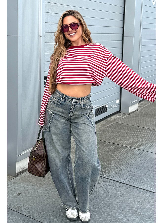 BORDEAUX/PINK - 'LEONI TEE' - STRIPED LONG SLEEVE TEE