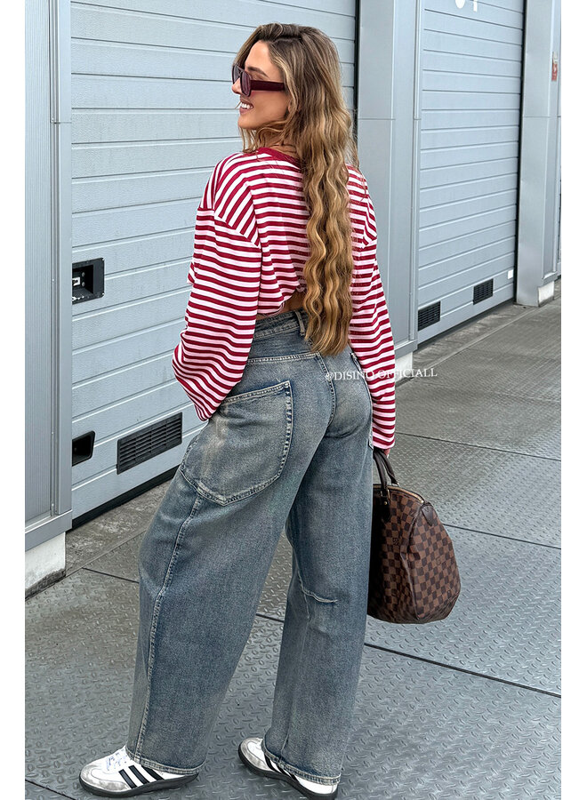 BORDEAUX/PINK - 'LEONI TEE' - STRIPED LONG SLEEVE TEE