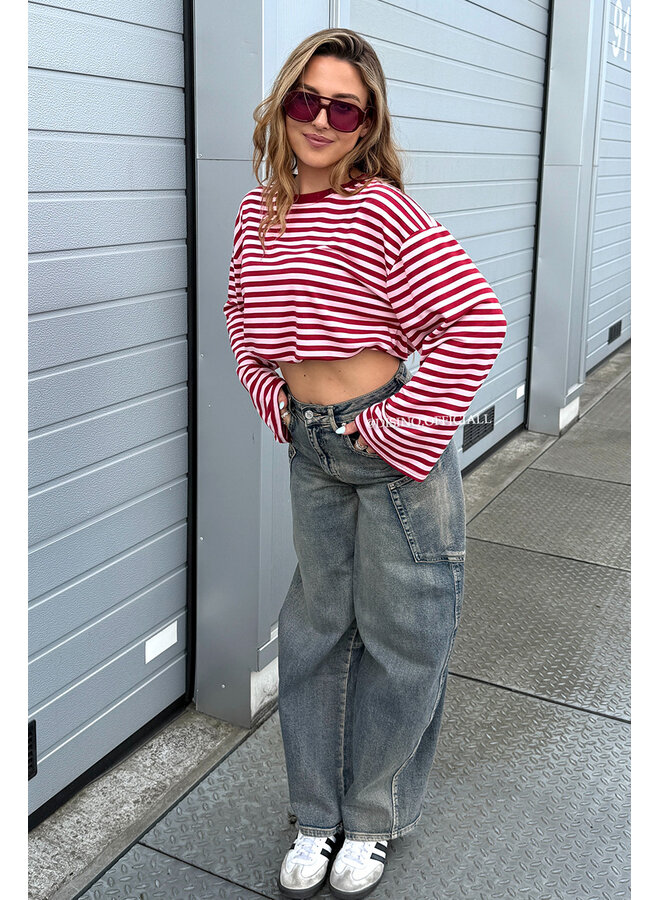 BORDEAUX/PINK - 'LEONI TEE' - STRIPED LONG SLEEVE TEE