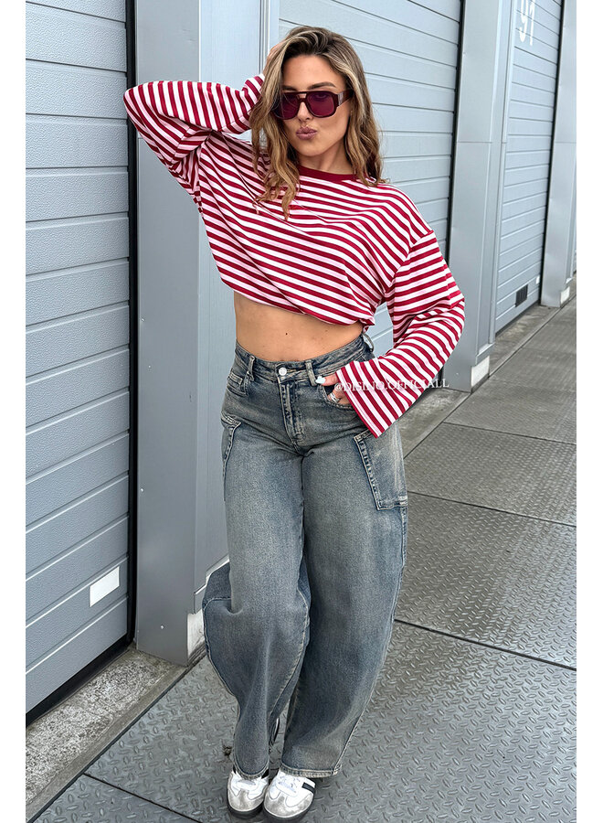 BORDEAUX/PINK - 'LEONI TEE' - STRIPED LONG SLEEVE TEE