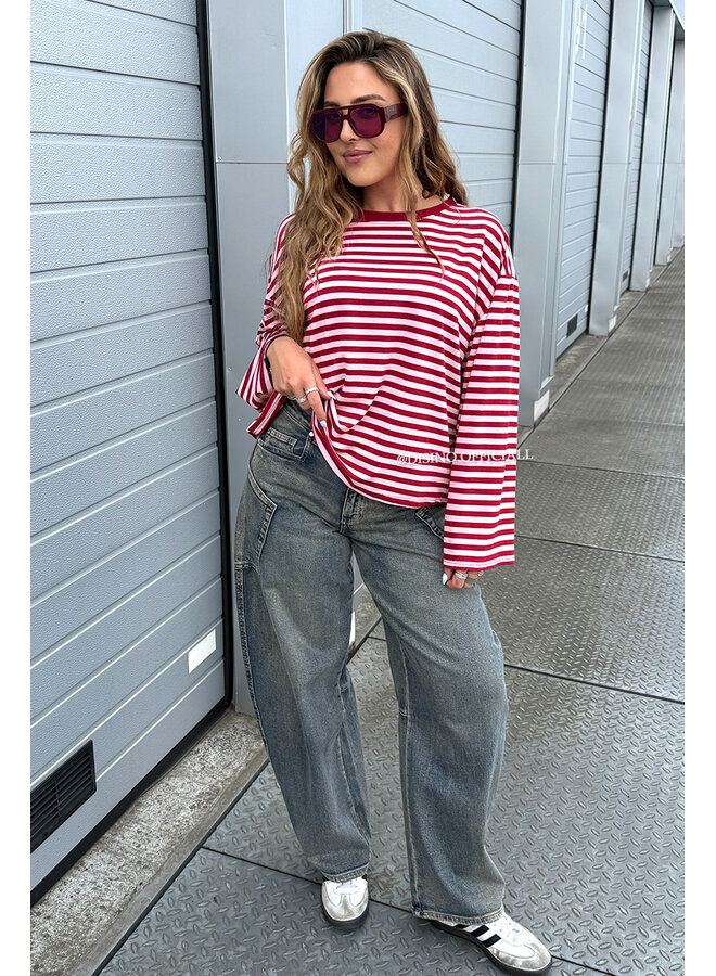 BORDEAUX/PINK - 'LEONI TEE' - STRIPED LONG SLEEVE TEE