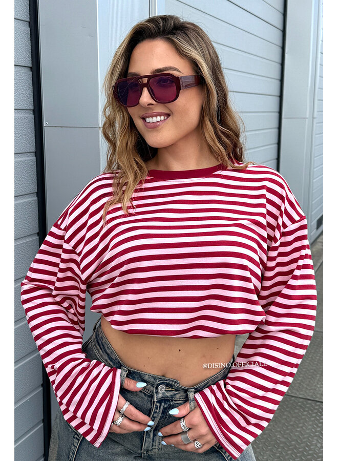 BORDEAUX/PINK - 'LEONI TEE' - STRIPED LONG SLEEVE TEE
