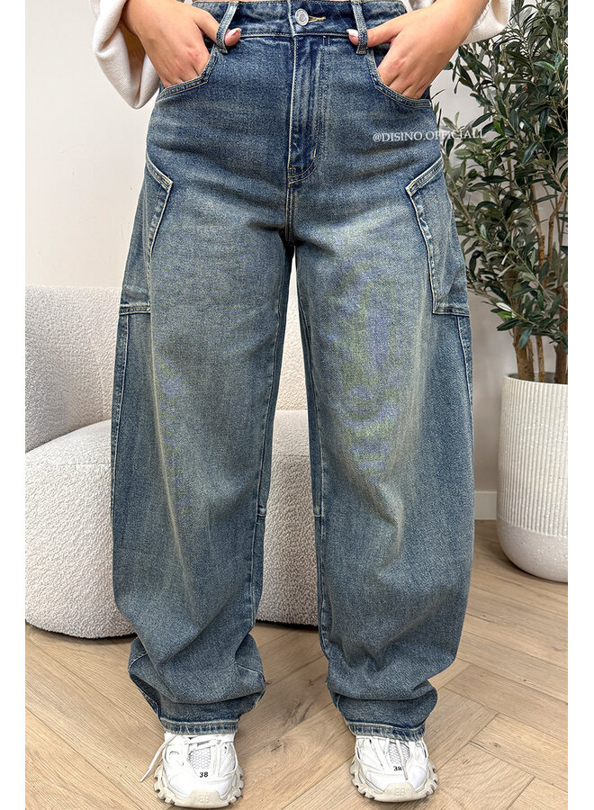 DIRTY BLUE - 'BALLOON CARGO JEANS' - STRETCH VIRAL BALLOON LEG JEANS