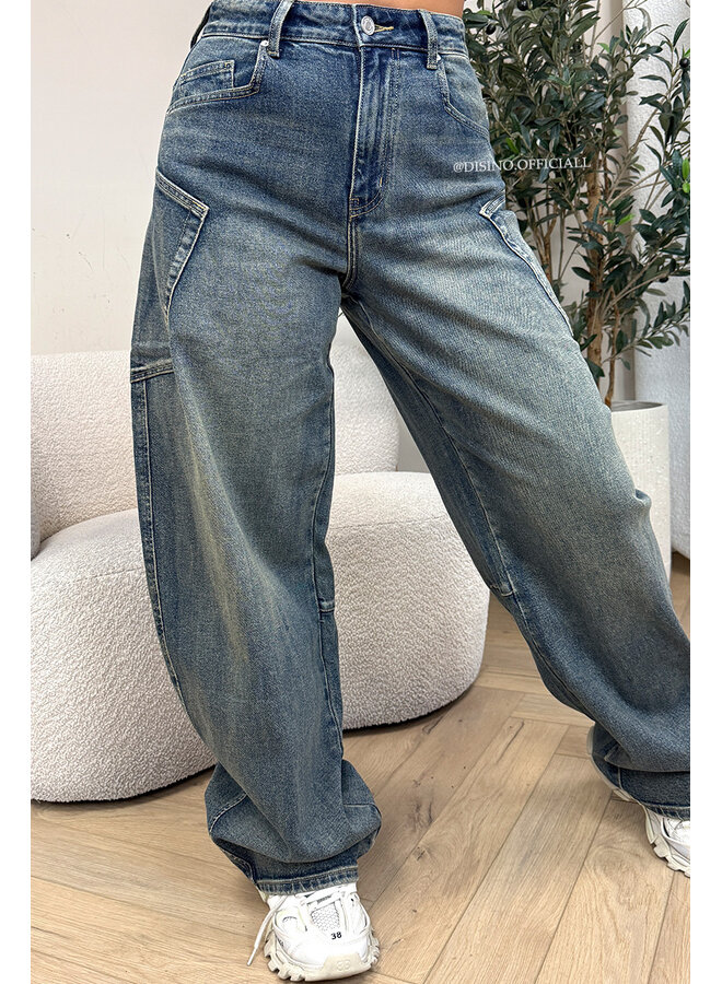 DIRTY BLUE - 'BALLOON CARGO JEANS' - STRETCH VIRAL BALLOON LEG JEANS