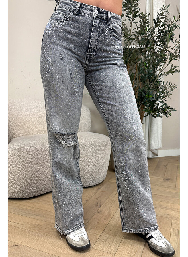 GREY - 'OCEAN JEANS' - STRETCH DIAMONDS ALL OVER WIDE LEG JEANS