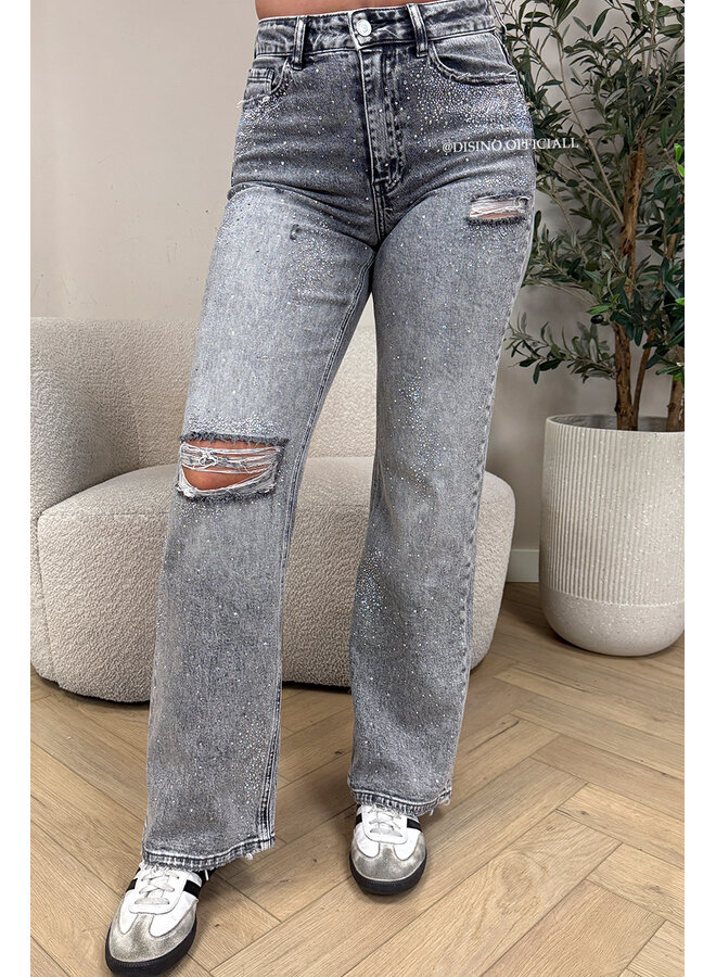 GREY - 'OCEAN JEANS' - STRETCH DIAMONDS ALL OVER WIDE LEG JEANS