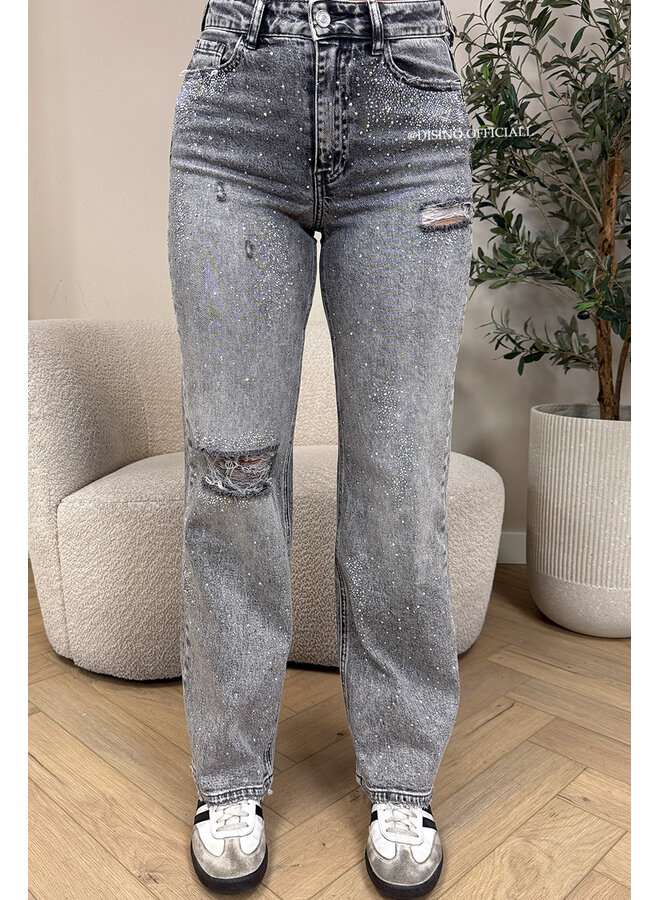 GREY - 'OCEAN JEANS' - STRETCH DIAMONDS ALL OVER WIDE LEG JEANS