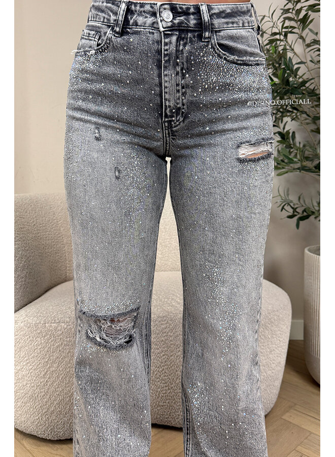 GREY - 'OCEAN JEANS' - STRETCH DIAMONDS ALL OVER WIDE LEG JEANS