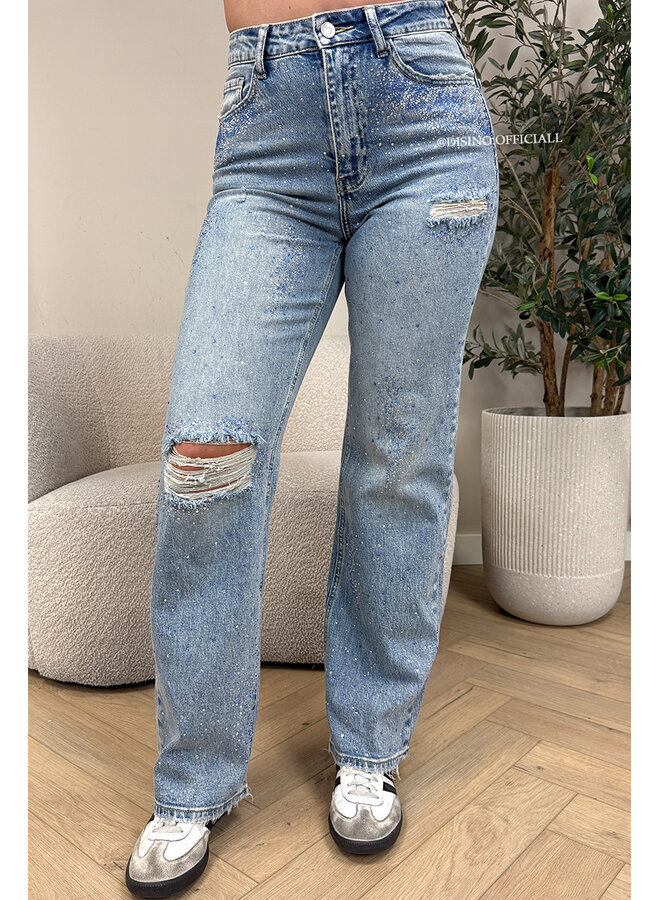 BLUE - 'OCEAN JEANS' - STRETCH DIAMONDS ALL OVER WIDE LEG JEANS