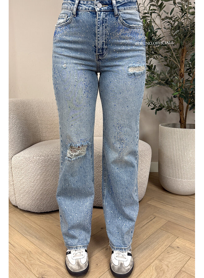 BLUE - 'OCEAN JEANS' - STRETCH DIAMONDS ALL OVER WIDE LEG JEANS