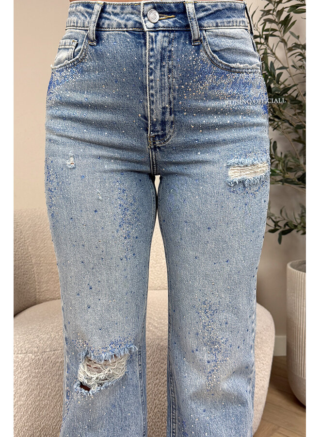 BLUE - 'OCEAN JEANS' - STRETCH DIAMONDS ALL OVER WIDE LEG JEANS