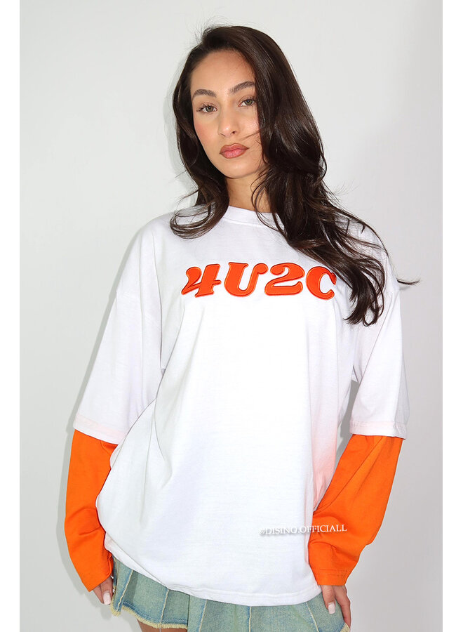 WHITE/ORANGE - '4U2C LONGSLEEVE' - OVERSIZED PRIORITY LONGSLEEVE TEE