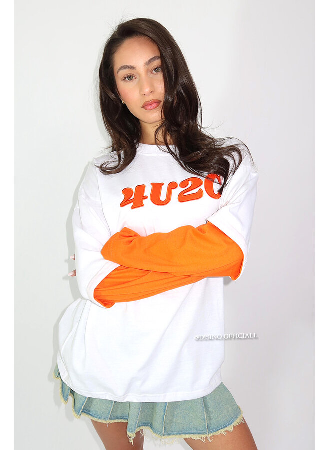 WHITE/ORANGE - '4U2C LONGSLEEVE' - OVERSIZED PRIORITY LONGSLEEVE TEE
