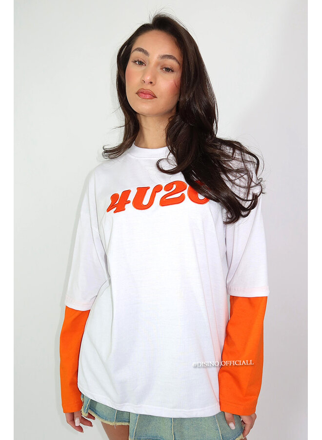 WHITE/ORANGE - '4U2C LONGSLEEVE' - OVERSIZED PRIORITY LONGSLEEVE TEE