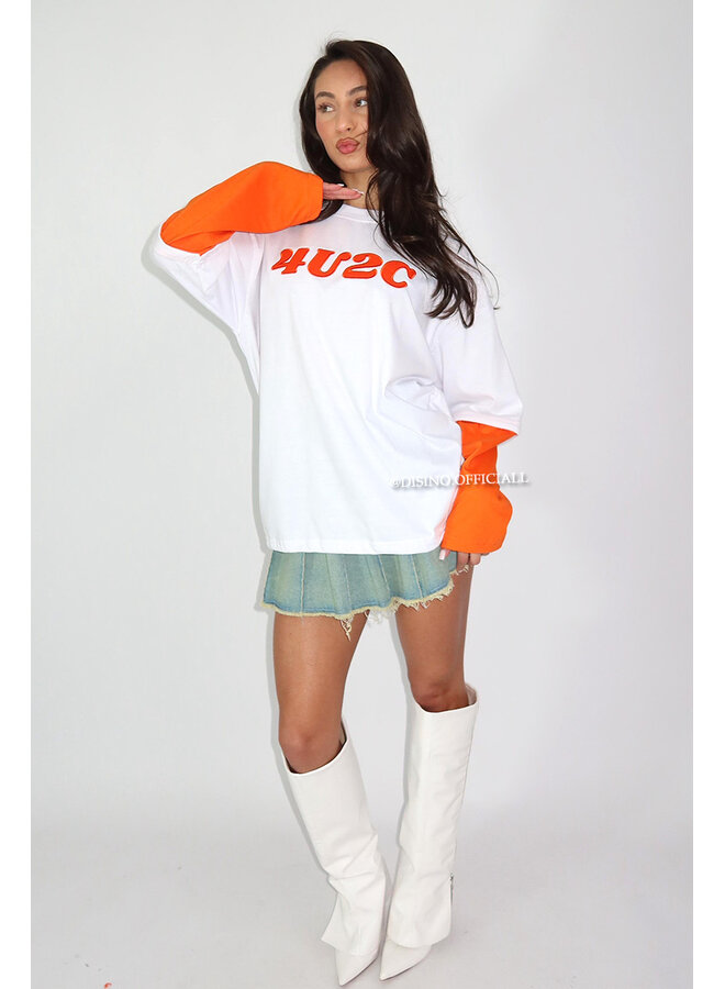 WHITE/ORANGE - '4U2C LONGSLEEVE' - OVERSIZED PRIORITY LONGSLEEVE TEE