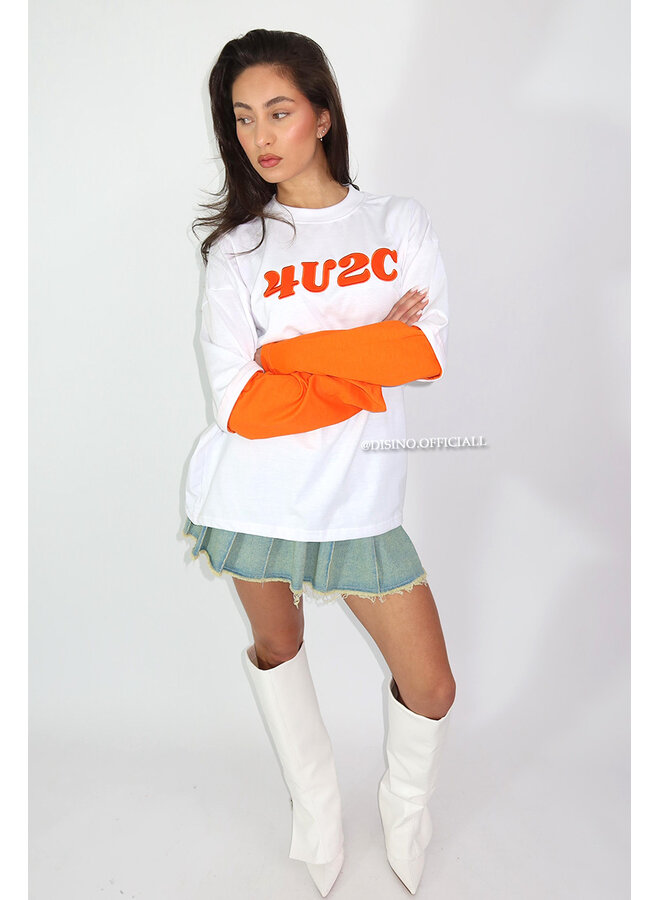 WHITE/ORANGE - '4U2C LONGSLEEVE' - OVERSIZED PRIORITY LONGSLEEVE TEE