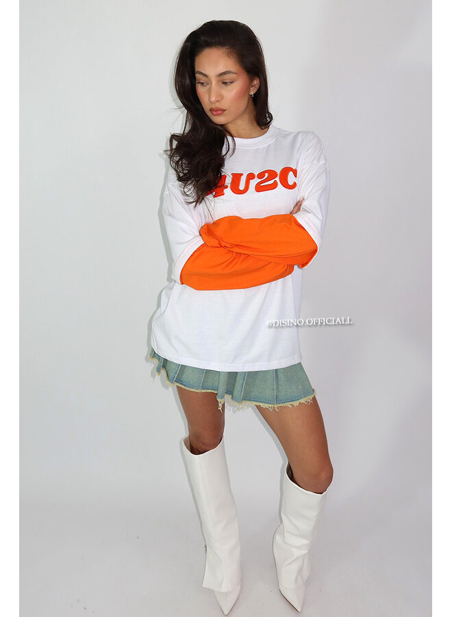 WHITE/ORANGE - '4U2C LONGSLEEVE' - OVERSIZED PRIORITY LONGSLEEVE TEE