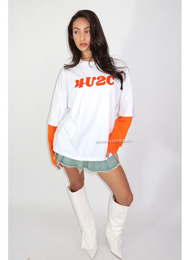 WHITE/ORANGE - '4U2C LONGSLEEVE' - OVERSIZED PRIORITY LONGSLEEVE TEE