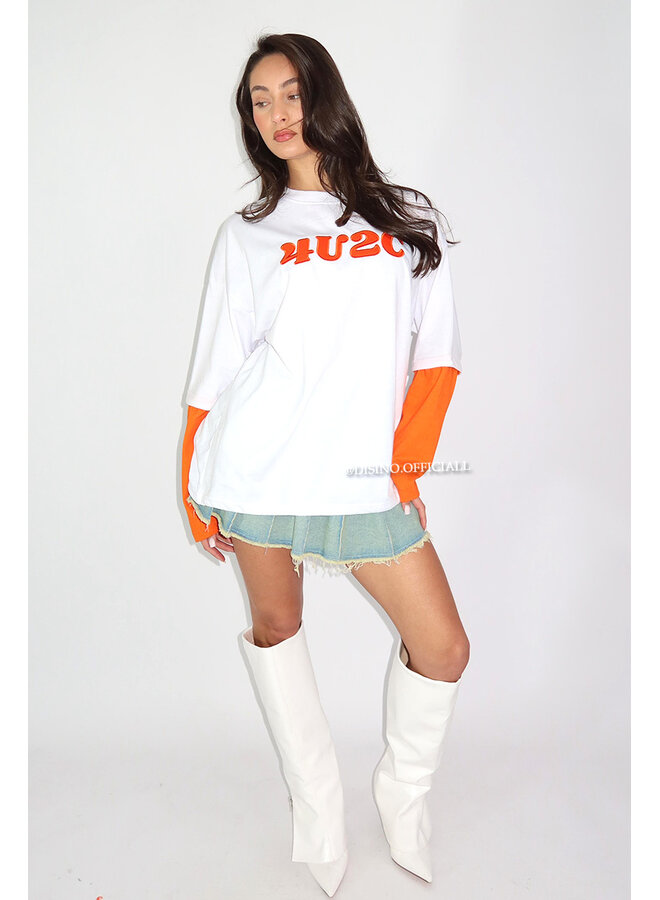 WHITE/ORANGE - '4U2C LONGSLEEVE' - OVERSIZED PRIORITY LONGSLEEVE TEE
