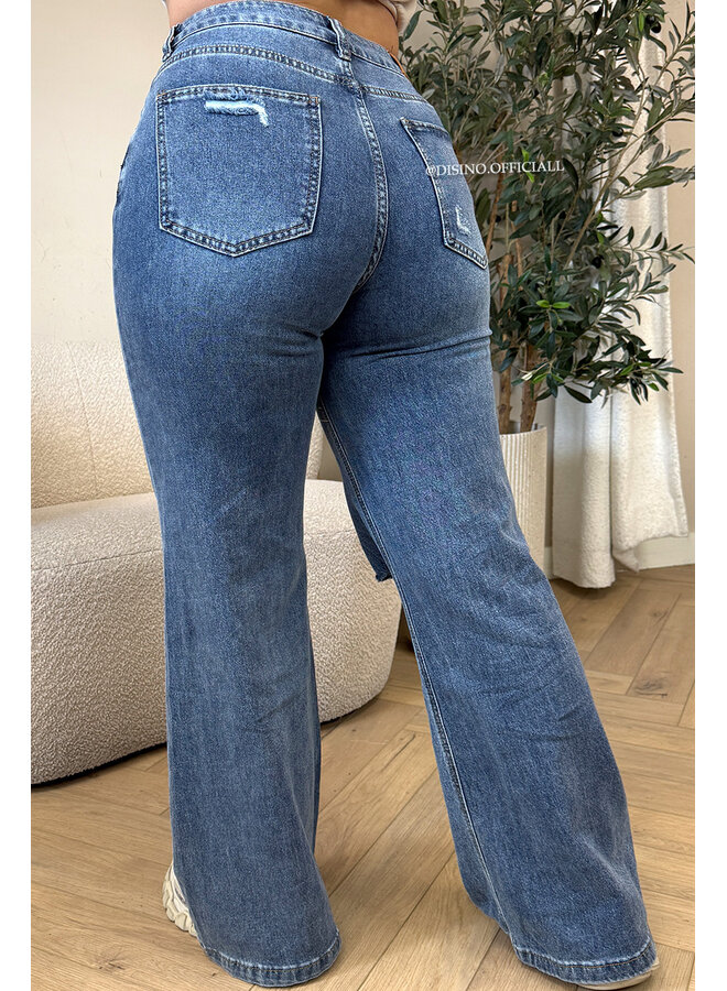 BLUE - 'PALERMO' - SUPER STRETCH RIPPED KNEE WIDE LEG JEANS