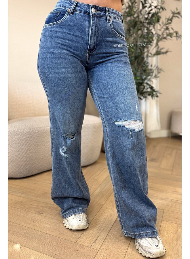 BLUE - 'PALERMO' - SUPER STRETCH RIPPED KNEE WIDE LEG JEANS