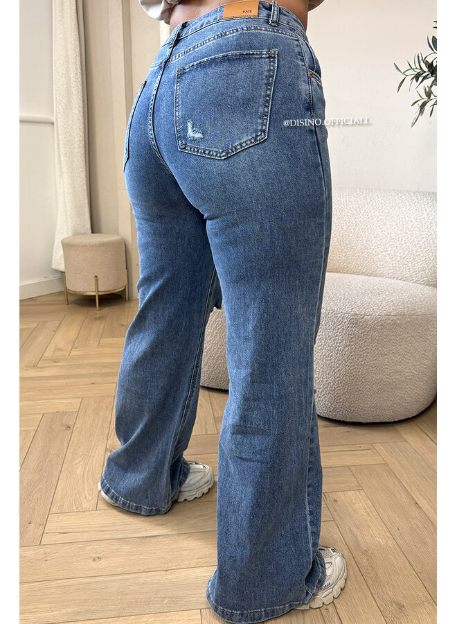 BLUE - 'PALERMO' - SUPER STRETCH RIPPED KNEE WIDE LEG JEANS