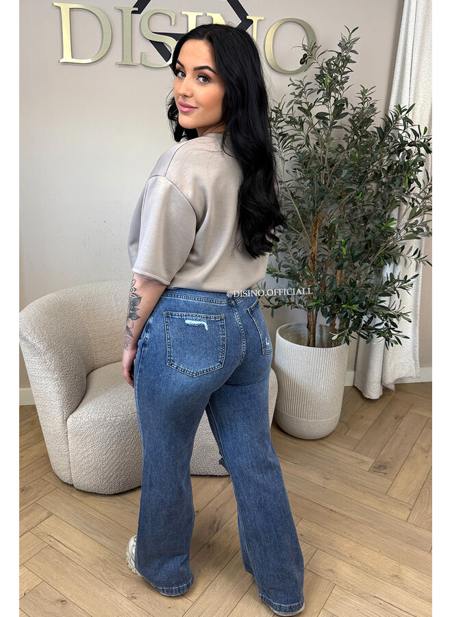 BLUE - 'PALERMO' - SUPER STRETCH RIPPED KNEE WIDE LEG JEANS