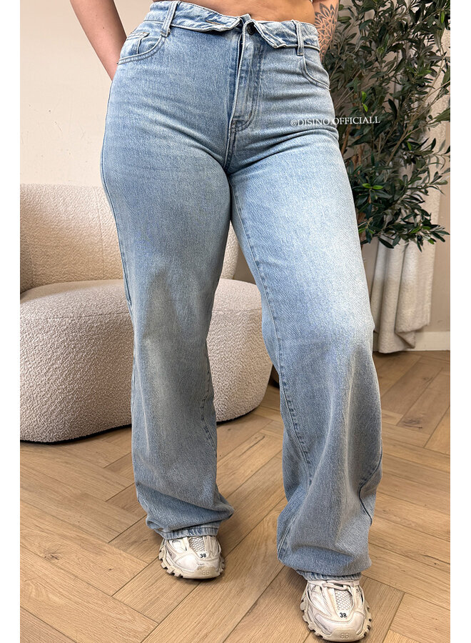 BLUE - 'LAUREN TALL JEANS' - STRETCH FOLDED WAISTBAND WIDE LEG JEANS