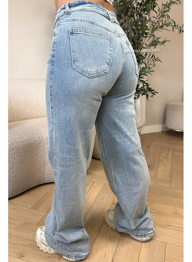 BLUE - 'LAUREN TALL JEANS' - STRETCH FOLDED WAISTBAND WIDE LEG JEANS