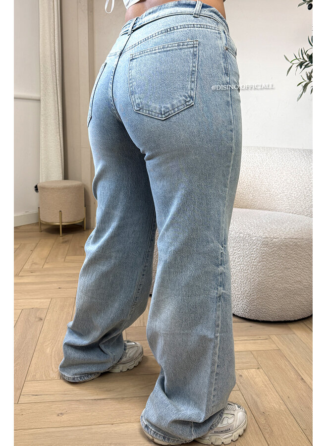 BLUE - 'LAUREN TALL JEANS' - STRETCH FOLDED WAISTBAND WIDE LEG JEANS