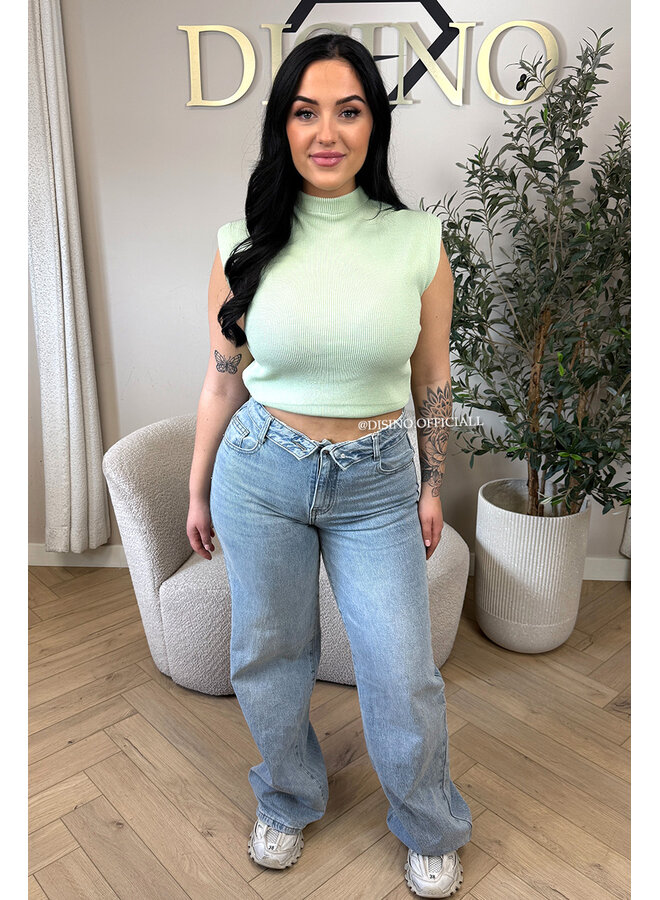 BLUE - 'LAUREN TALL JEANS' - STRETCH FOLDED WAISTBAND WIDE LEG JEANS