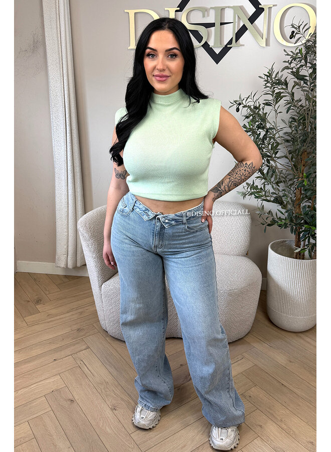 BLUE - 'LAUREN TALL JEANS' - STRETCH FOLDED WAISTBAND WIDE LEG JEANS