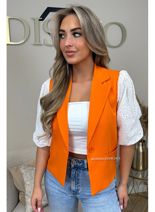 ORANGE - 'QUINN SHORT SLEEVE' - BRODERIE PUFF SLEEVE BLAZER