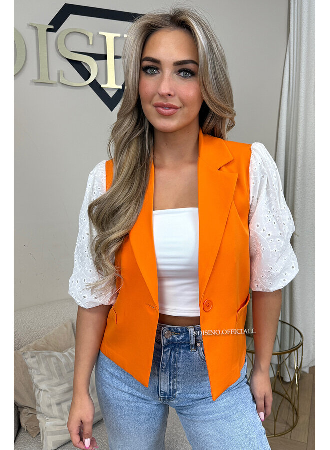 ORANGE - 'QUINN SHORT SLEEVE' - BRODERIE PUFF SLEEVE BLAZER