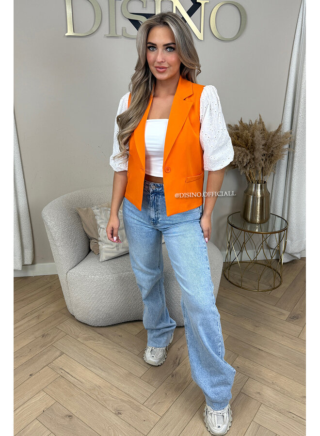 ORANGE - 'QUINN SHORT SLEEVE' - BRODERIE PUFF SLEEVE BLAZER